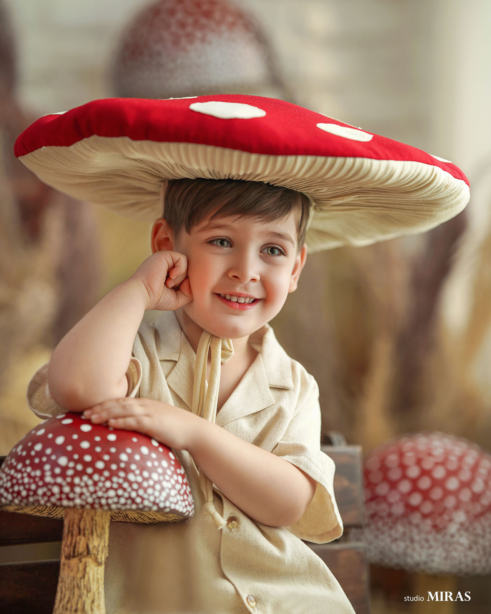 عکس پسربچه با دکور قارچ-آتلیه تخصصی کودک میراث